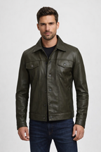 Men's Olive Green Real Leather Trucker Jacket