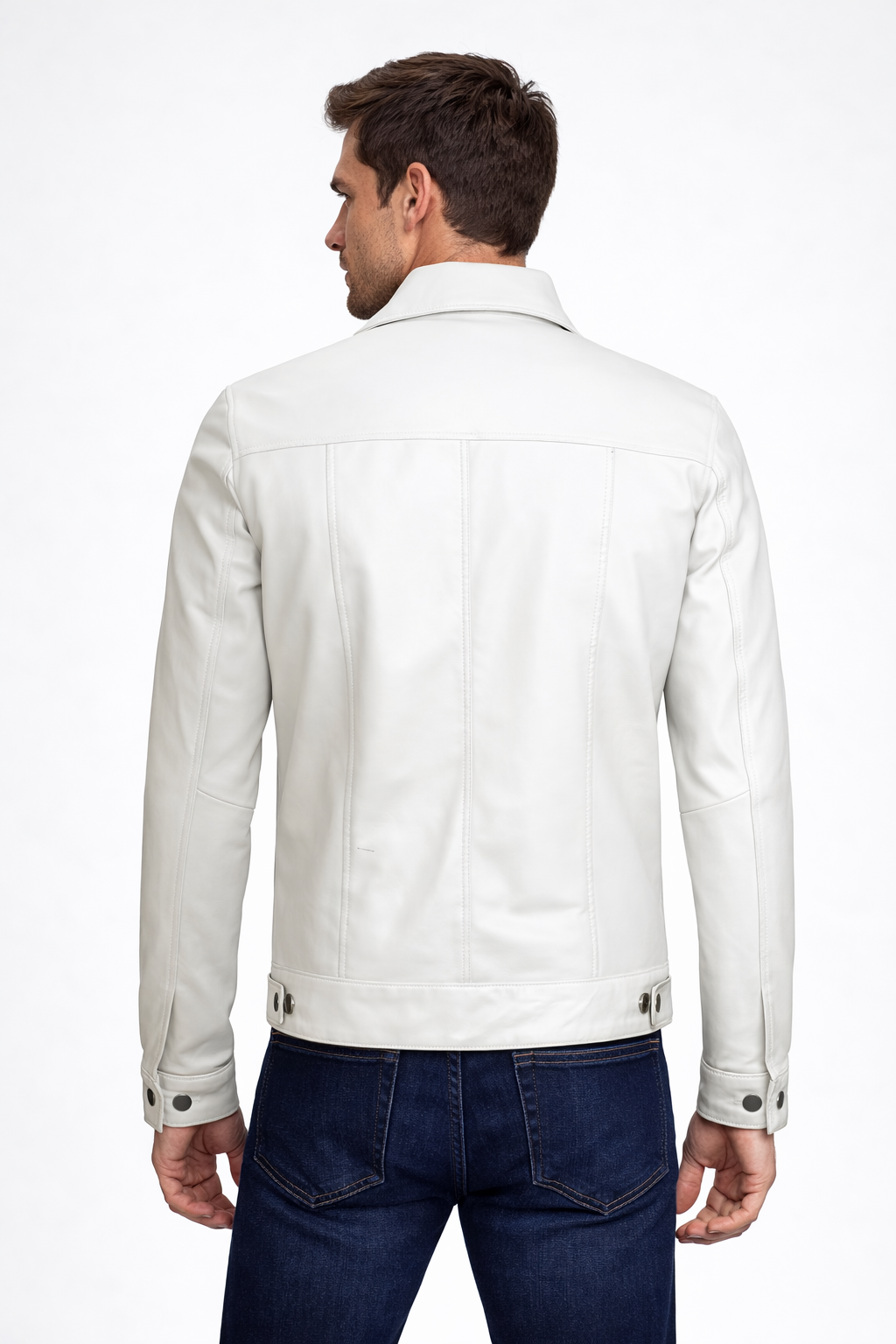 Men's Off White Real Leather Trucker Jacket