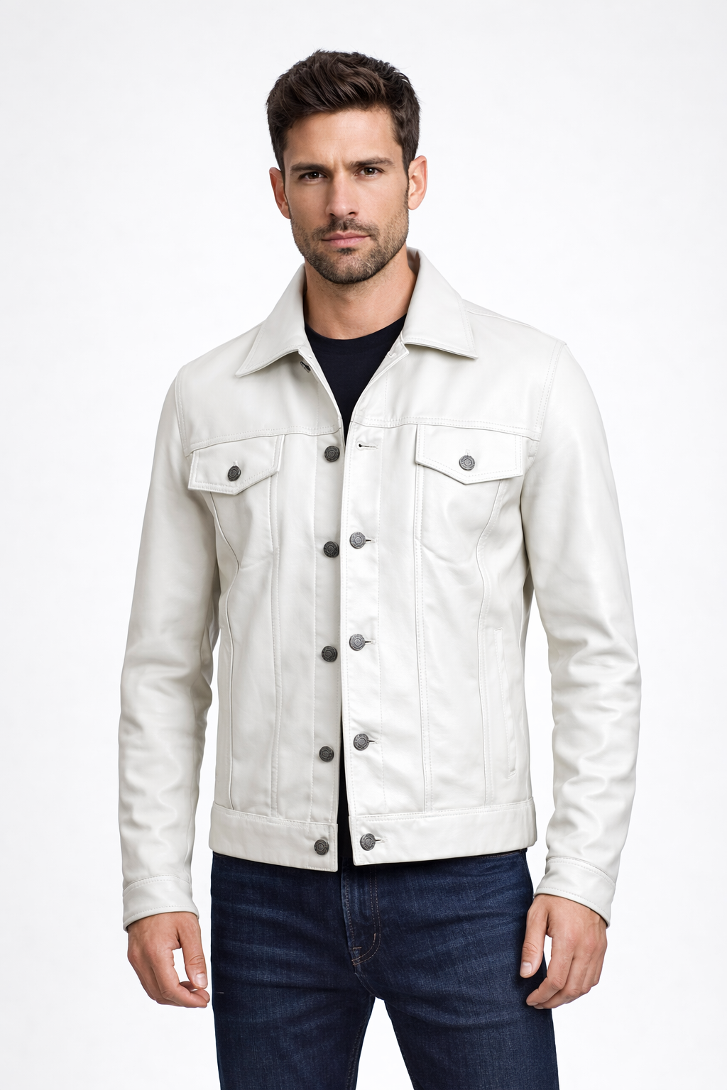 Men's Off White Real Leather Trucker Jacket