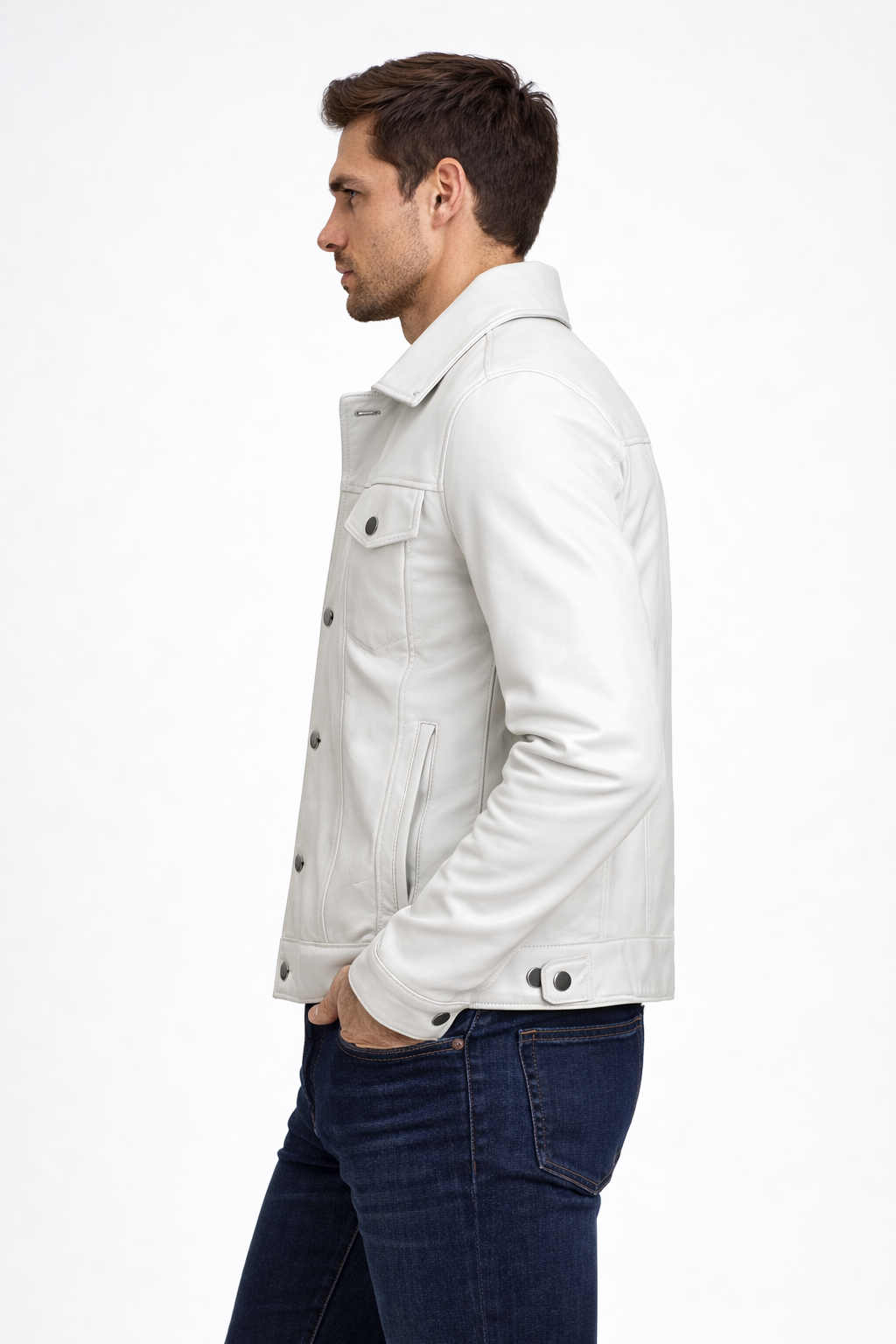 Men's Off White Real Leather Trucker Jacket