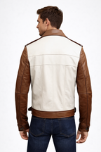 Men's Brown & White Leather Trucker Jacket
