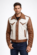 Men's Brown & White Leather Trucker Jacket