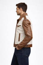 Men's Brown & White Leather Trucker Jacket