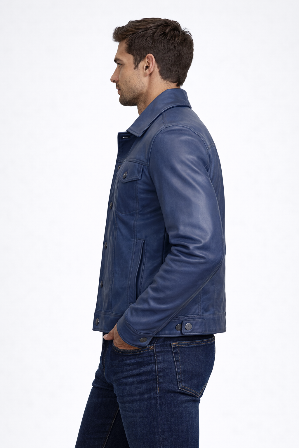 Men's Blue Leather Trucker Jacket