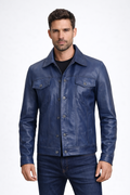 Men's Blue Leather Trucker Jacket