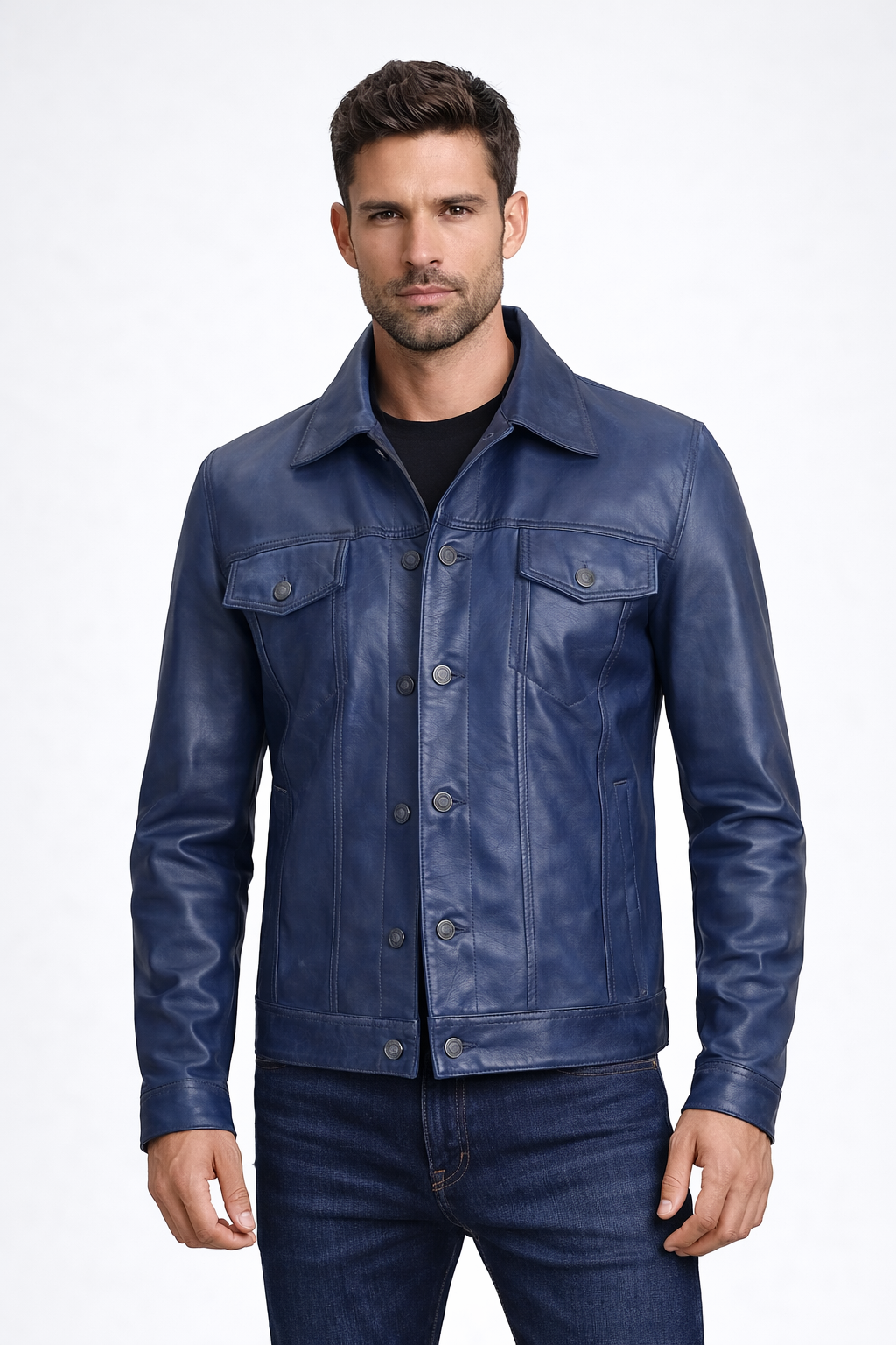 Men's Blue Leather Trucker Jacket