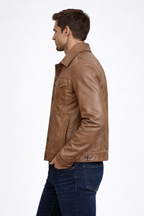 Men's Camel Brown Trucker Leather Jacket