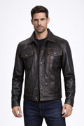 Men's  Black Leather Trucker Jacket