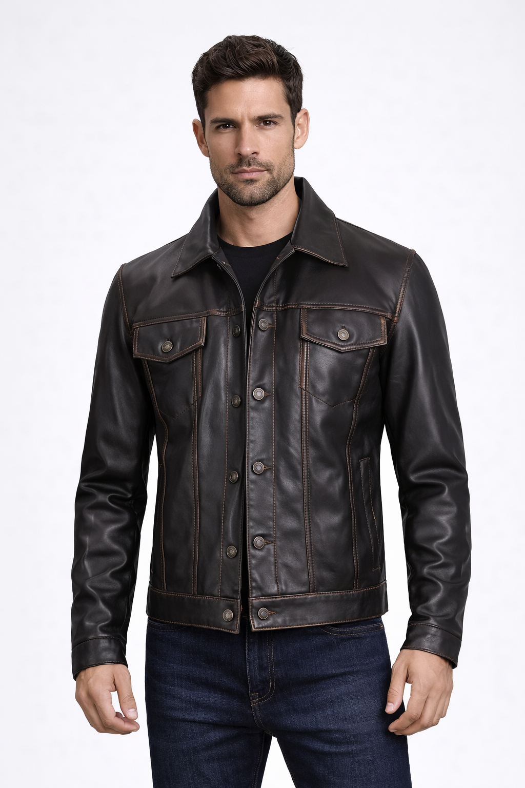 Men's  Black Leather Trucker Jacket