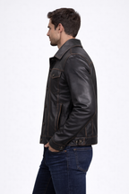 Men's  Black Leather Trucker Jacket