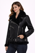 Damen Moya V schwarze Shearling Aviator Moto Jacke