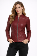 Women's Maroon Leather Collar Biker Jacket