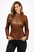 Women Brown Faux Leather Biker Jacket