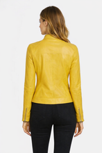 Load image into Gallery viewer, Women’s Yellow Sheepskin Cafe Racer Leather Jacket
