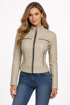 Decrum Beige Cafe Racer Lederjacke – Schmal geschnittene Bikerjacke