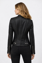 Load image into Gallery viewer, Women’s Black Cafe Racer Leather Jacket – Quilted Biker Fit
