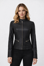 Load image into Gallery viewer, Women’s Black Cafe Racer Leather Jacket – Quilted Biker Fit
