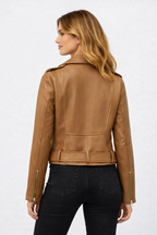 Damen braune Lederjacke mit Gürtel im Moto-Stil