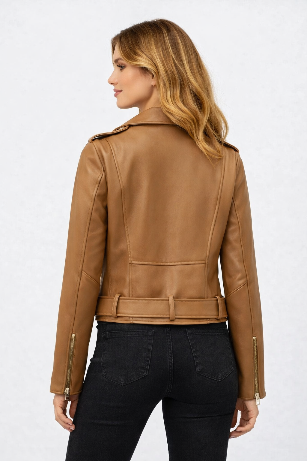 Damen braune Lederjacke mit Gürtel im Moto-Stil
