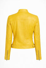 Load image into Gallery viewer, Women’s Yellow Sheepskin Cafe Racer Leather Jacket
