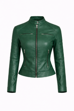 Load image into Gallery viewer, Women’s Green Cafe Racer Leather Jacket

