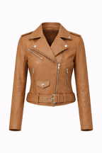 Damen braune Lederjacke mit Gürtel im Moto-Stil