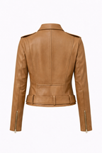 Damen braune Lederjacke mit Gürtel im Moto-Stil