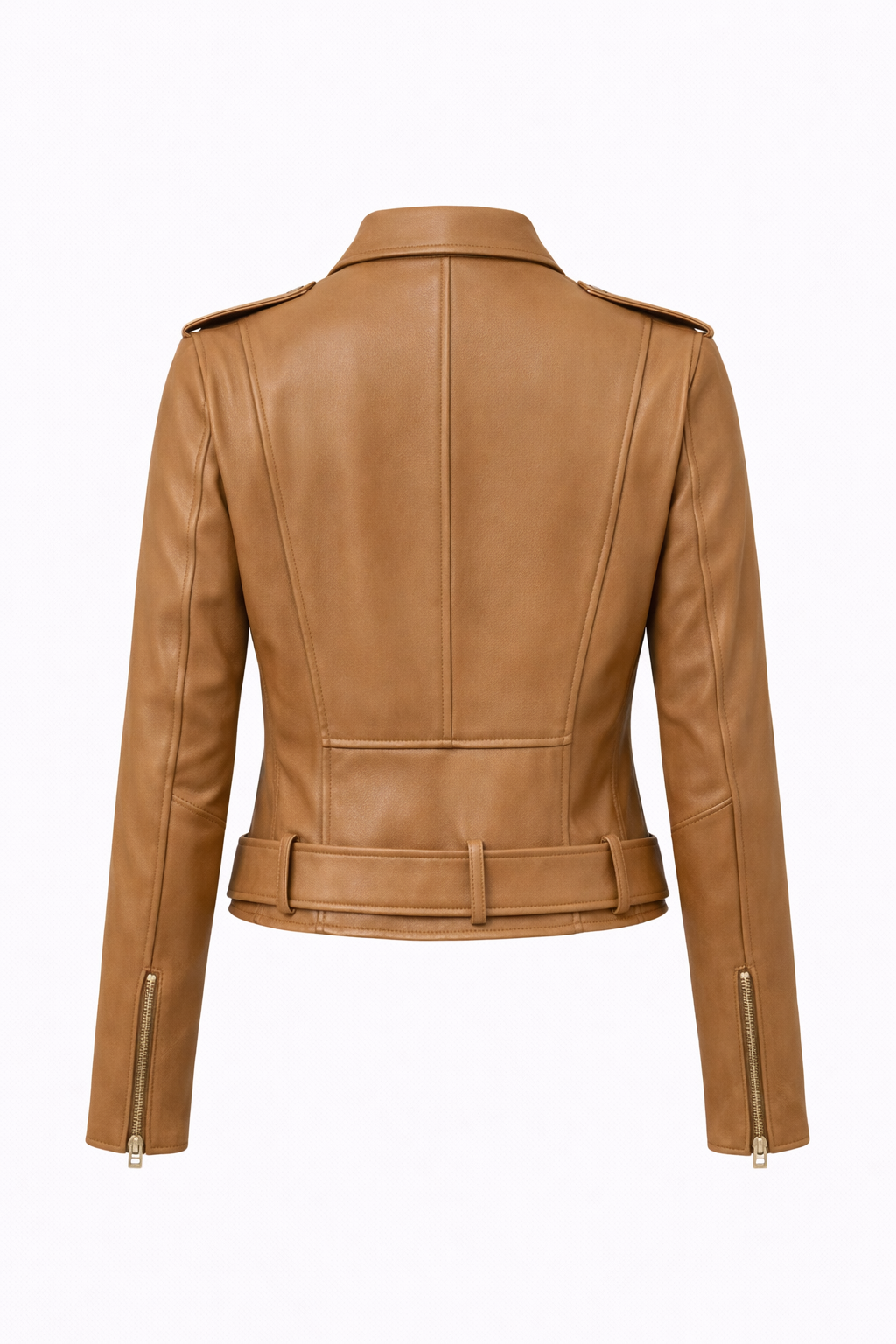 Damen braune Lederjacke mit Gürtel im Moto-Stil