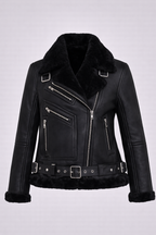 Damen Moya V schwarze Shearling Aviator Moto Jacke