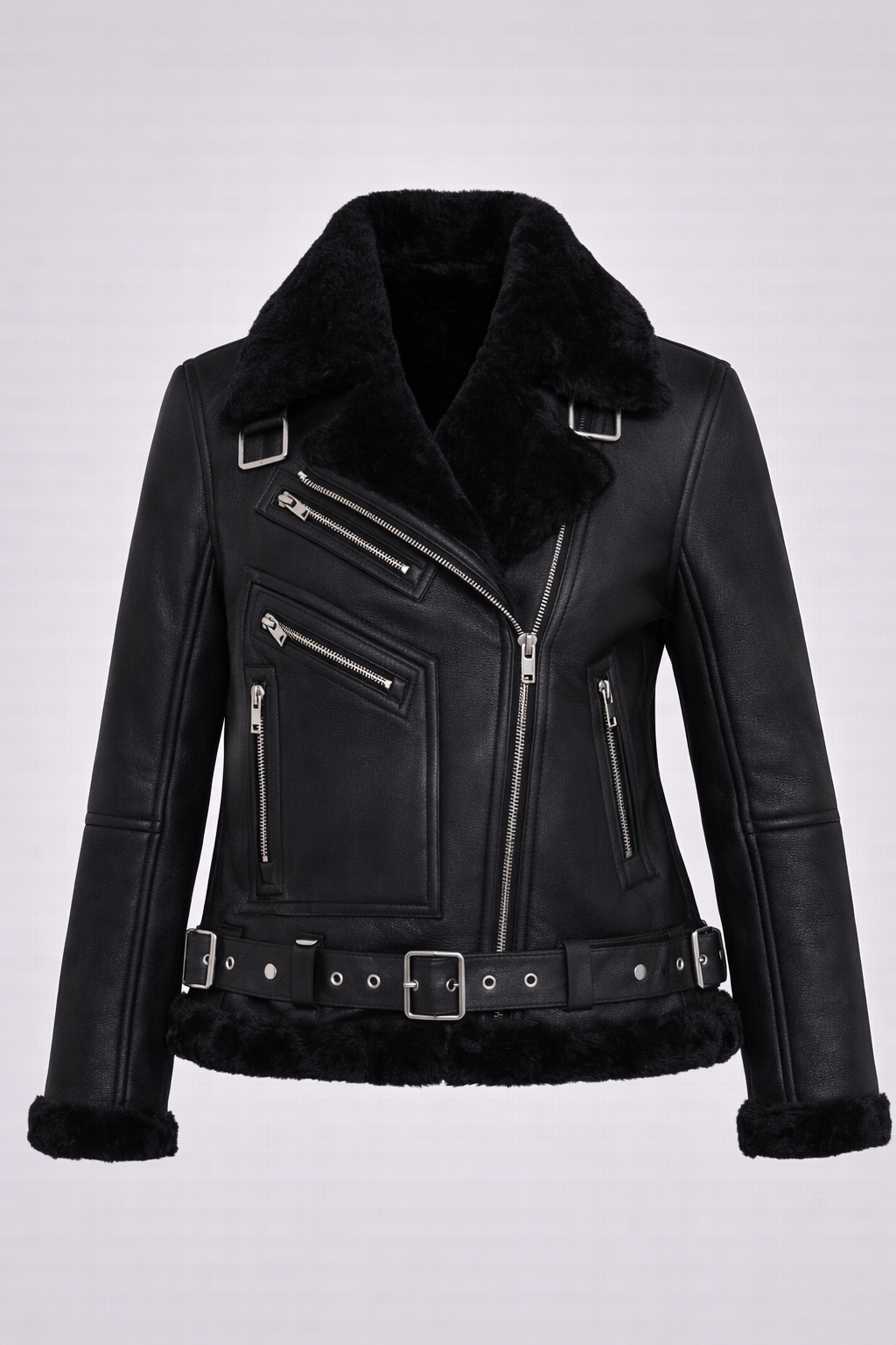 Damen Moya V schwarze Shearling Aviator Moto Jacke