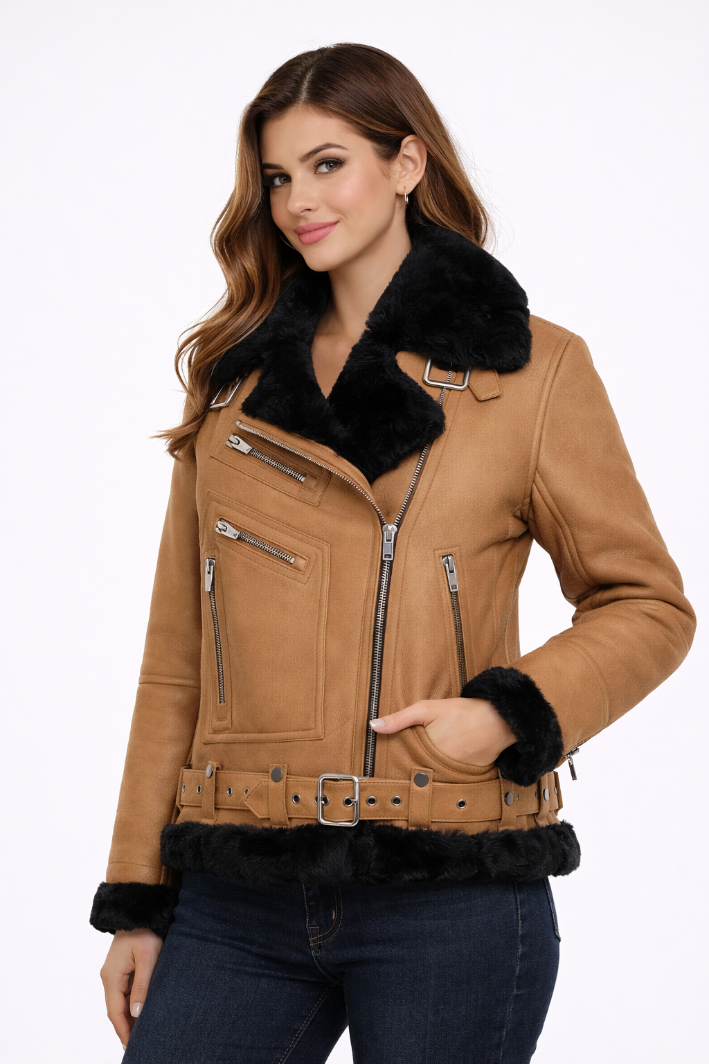 Damen Moya Aviator Lederjacke Braun