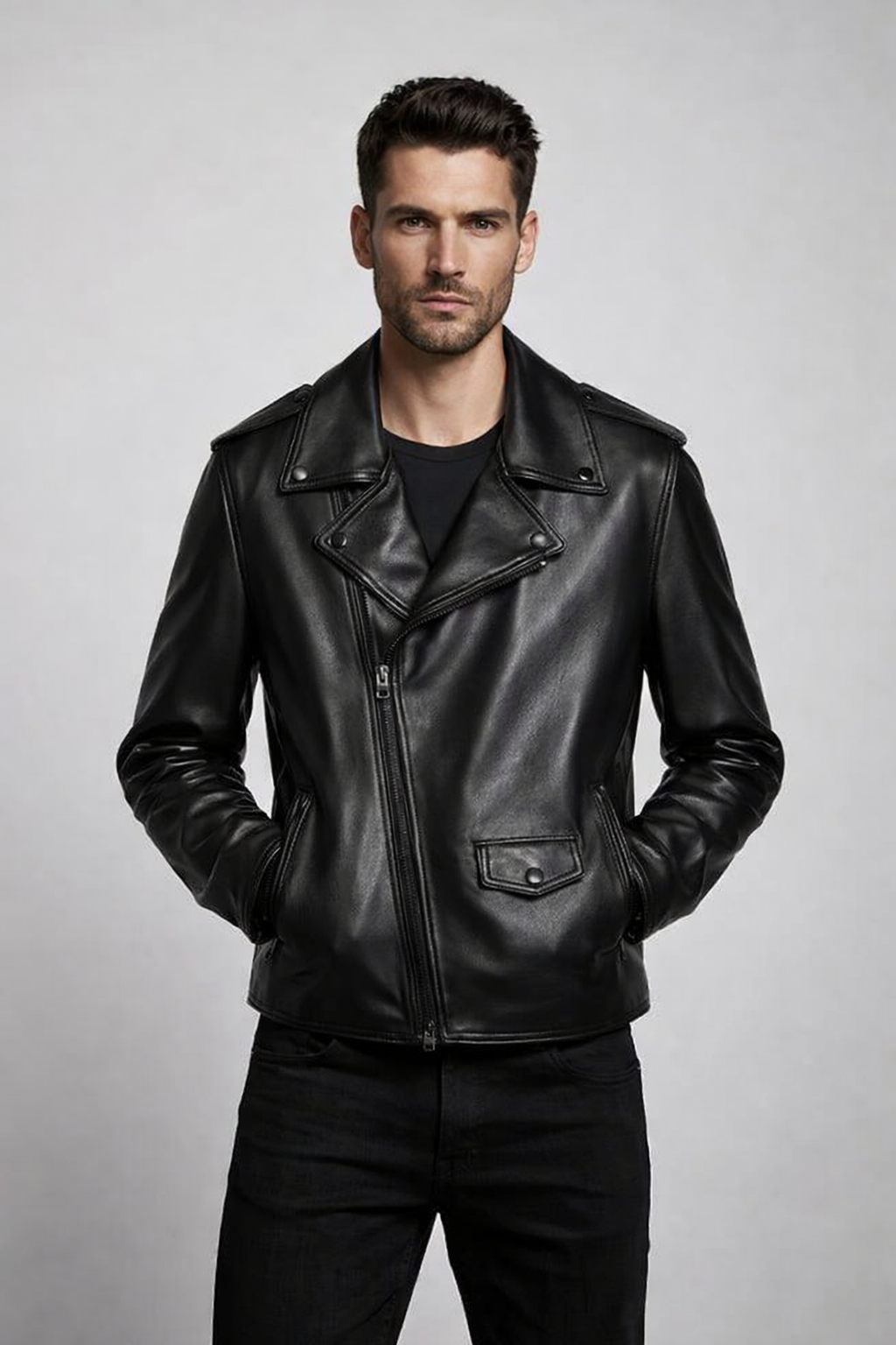 Men's Black Zipper Biker Leather Jacket