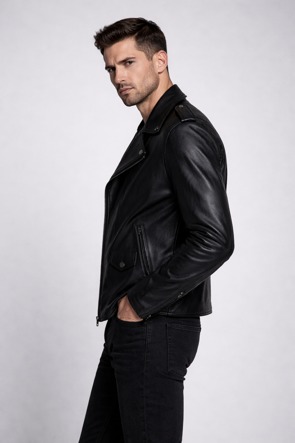 Men's Black Zipper Biker Leather Jacket