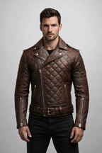 Men's Quilted Biker Brown Leather Jacket
