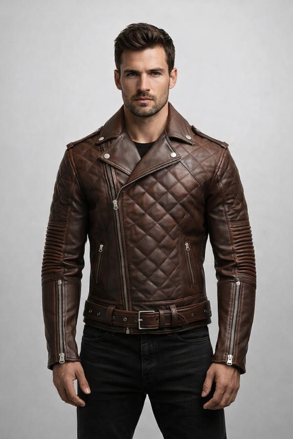 Men's Quilted Biker Brown Leather Jacket
