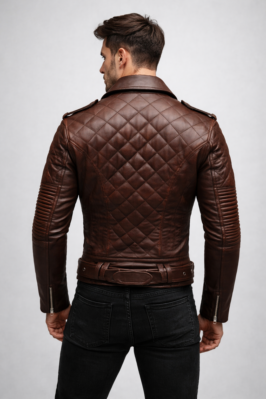 Men's Quilted Biker Brown Leather Jacket