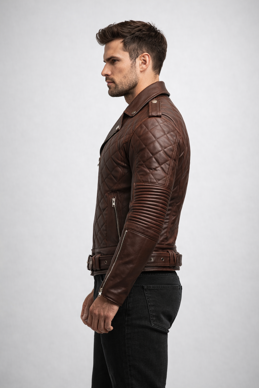 Men's Quilted Biker Brown Leather Jacket