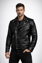 Men's Double Zipper Black Biker Jacket