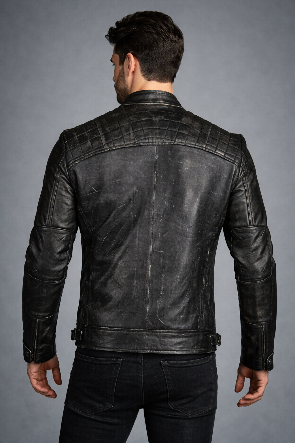 Men's Black Distressed Cafe Racer Leather Jacket