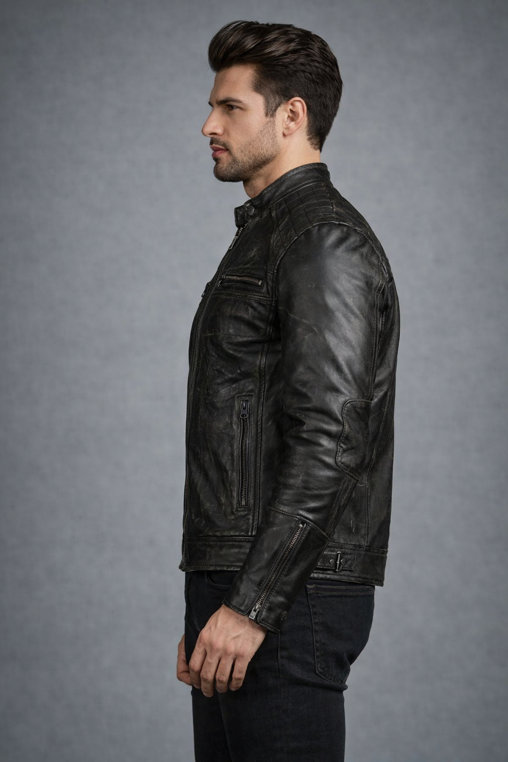 Men's Black Distressed Cafe Racer Leather Jacket