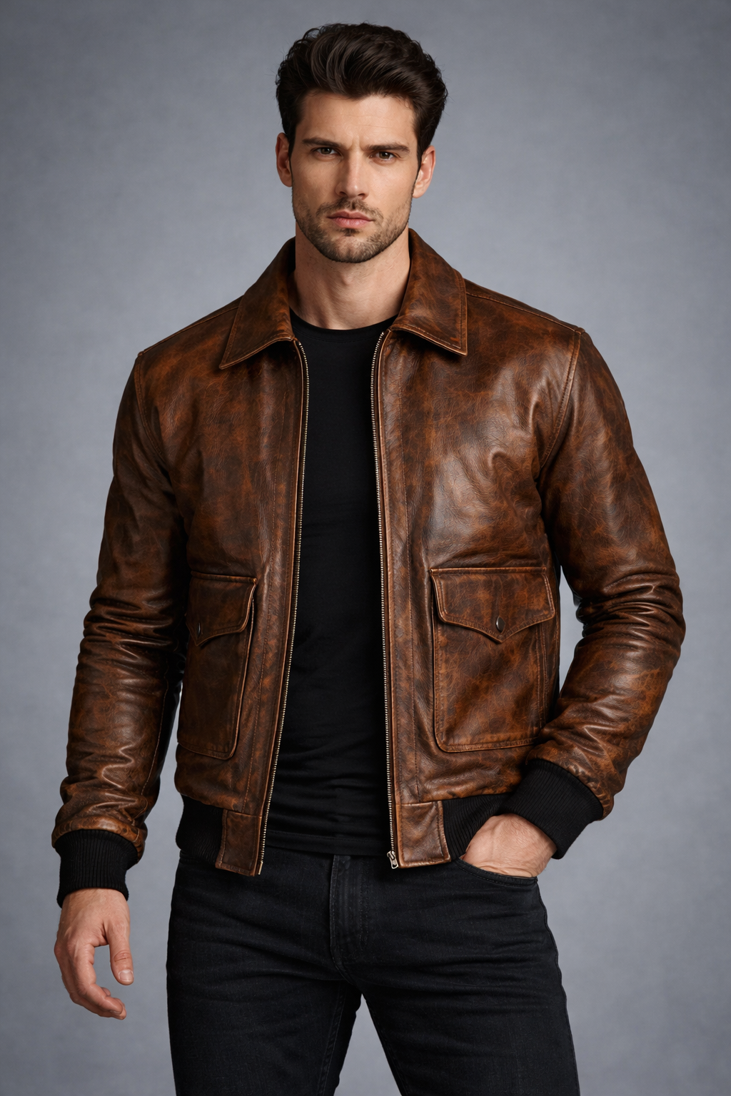 Men's Distressed Brown Sheep Leather Bomber Jacket