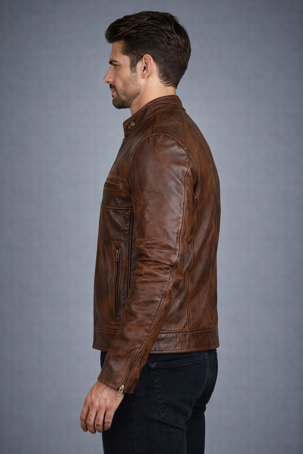Men's Brown Distressed Leather Motorcycle Jacket