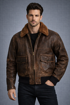 Men's Distressed Brown Leather Bomber Jacket