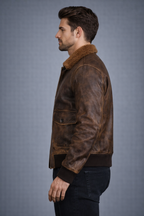 Men's Distressed Brown Leather Bomber Jacket