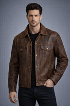 Mens Distressed Brown Leather Trucker Jacket