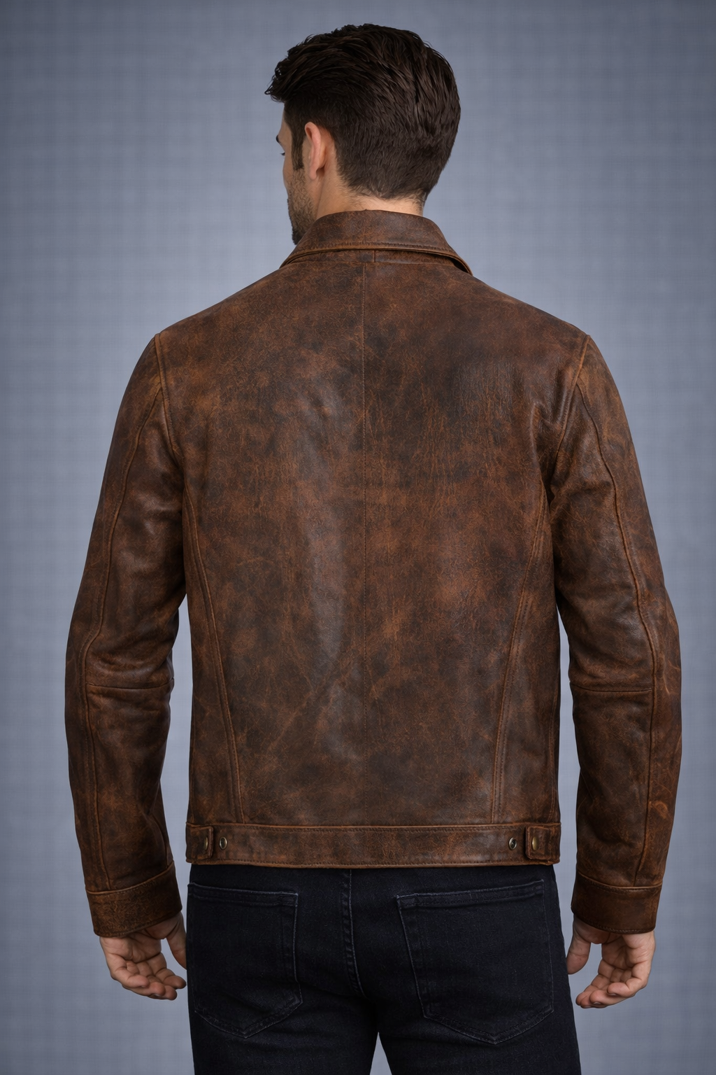 Mens Distressed Brown Leather Trucker Jacket