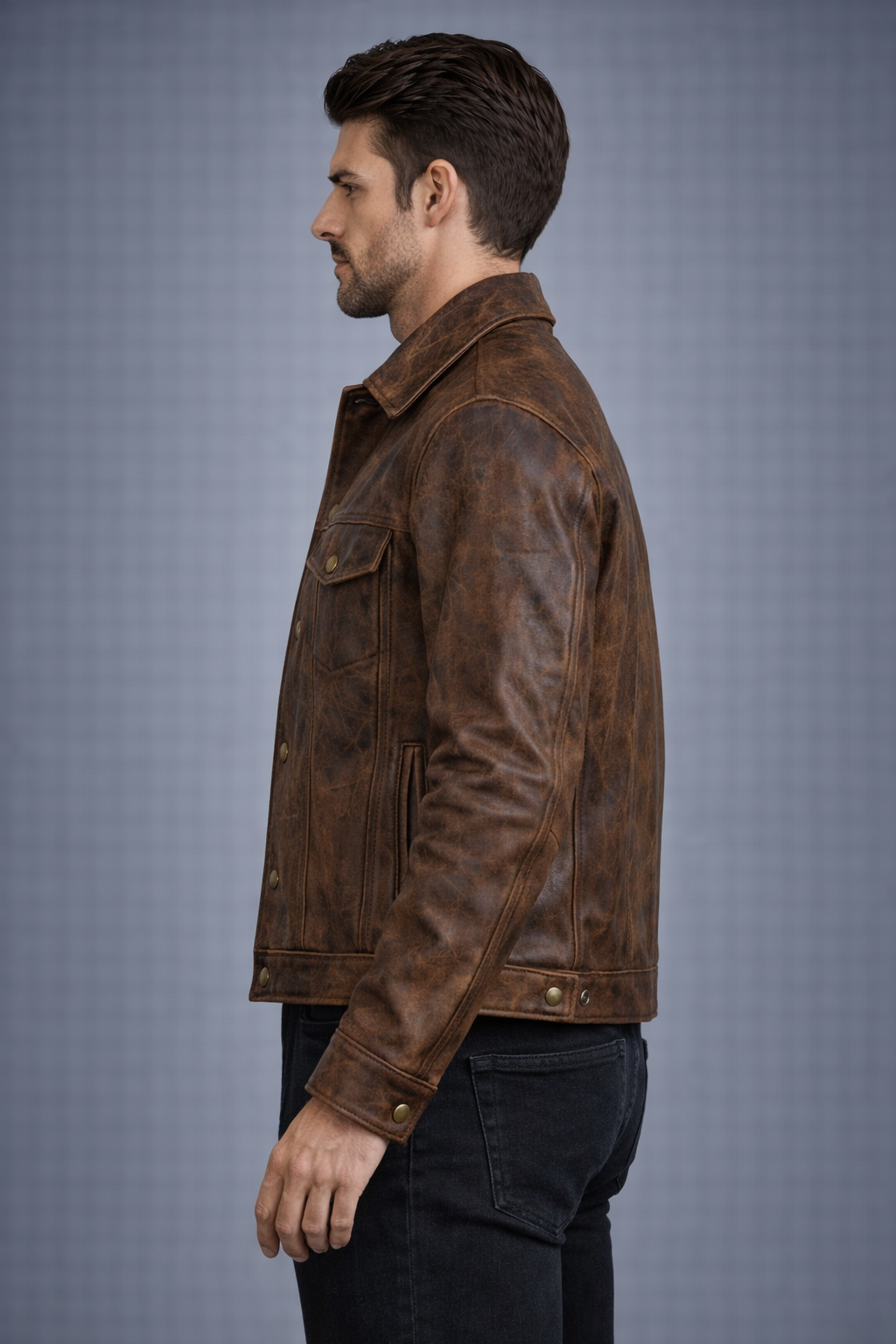 Mens Distressed Brown Leather Trucker Jacket