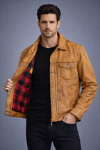 Men's Brown Four Button Pockets Distressed Leather Jacket