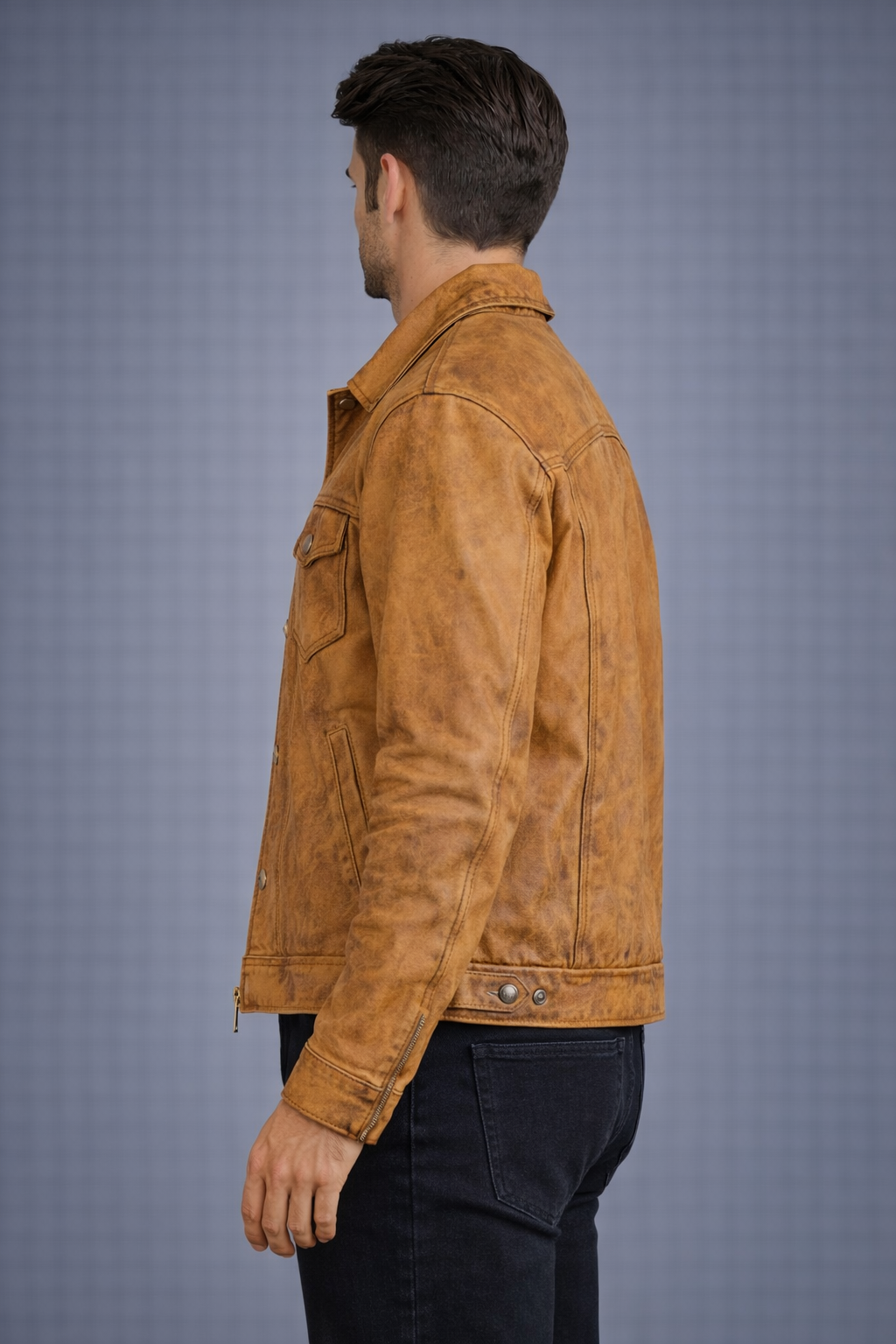 Men's Brown Four Button Pockets Distressed Leather Jacket