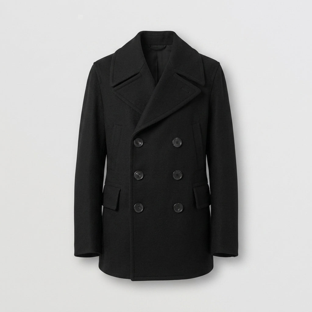 Men’s Black Fleece Peacoat – Classic Double Breasted Winter Coat